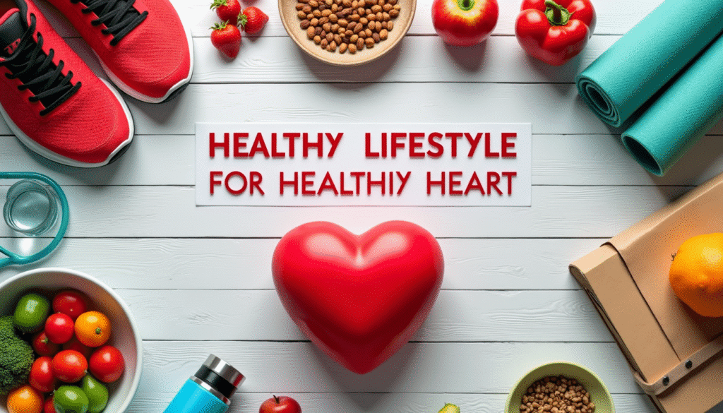 Scene & Composition: A vibrant, uplifting flat-lay image showcasing elements of a heart-healthy lifestyle: A bright red heart-shaped object, which could be a stress ball, is placed at the center to symbolize heart health. Surrounding the heart are various lifestyle symbols: A pair of running shoes (fitness) A bowl of fresh vegetables and fruits (healthy eating) A yoga mat rolled up (stress management) A water bottle (hydration) A stethoscope (health check-ups) A smartwatch or fitness tracker (activity tracking) A small plate with nuts and seeds (healthy fats) A book or journal (mental well-being) These items circle around the heart object, representing the 8 ways to keep the heart healthy. Background Details: Use a soft wooden or neutral pastel background to amplify the vibrant elements. The red heart at the center is subtly highlighted by a shadow or light gradient. Color Theme: Accents of red and white accentuate the heart-health theme. Pops of natural greens, oranges, and blues from food, fitness gear, and accessories add vibrancy and energy to the design. Text Overlay (Required): “Healthy Lifestyle for Healthy Heart—8 Simple Ways” (Modern, bold sans-serif font—white or dark red—placed at the top center with a light transparent banner behind the text for readability).