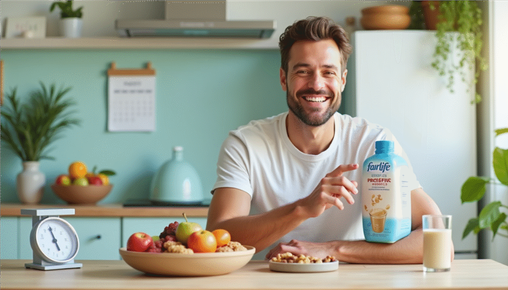Main Visual Elements: Center Focus: A smiling, healthy-looking person (male or female) sitting at a cozy kitchen table, holding a Fairlife Protein Shake with one hand and looking satisfied (as if they just completed a healthy meal). Background: A fresh, clean kitchen with fruits (like apples, berries) and nuts in small bowls — symbolizing healthy eating. A visible kitchen scale or a measuring tape subtly placed on the counter to suggest weight management. Supplementary Elements: A calendar or to-do list on the fridge with "Meal Plan" or "Fitness Goals" written, hinting at conscious diet control. A glass filled with the shake beside the bottle — smooth and creamy texture visible. Color Palette: Soft, inviting colors — pastel greens, Fairlife blue, and whites to convey freshness and wellness. Natural morning light to enhance the feeling of a balanced, healthy lifestyle. Text Overlay (Optional): Main Text: "Stay Full, Stay Fit!" Subtext: "Fairlife Protein Shakes for Weight Control & Lasting Satiety" Font style: Rounded, friendly, and approachable (e.g., Lato, Open Sans). Mood/Feel: Calm, Positive, Empowering, Fresh — designed to resonate with individuals seeking weight management and balanced nutrition.